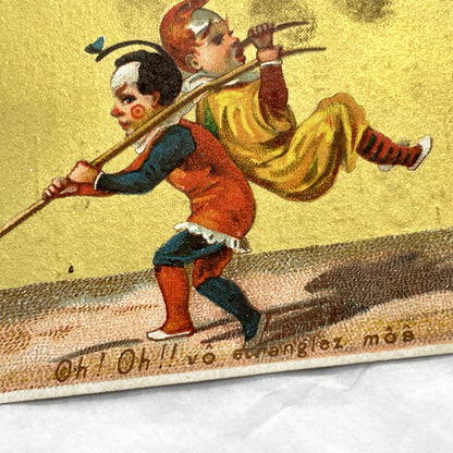 Late 19th - 2 Antique French Chromos - Gold Whimsical Musical Figures - Breton Biniou Folk Art Print Collectible Ephemera