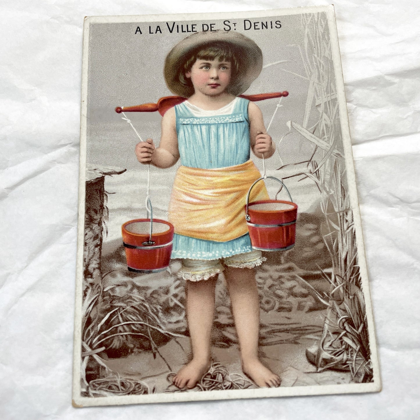 1900s - Vintage French Chromo Postcard - Child With Water Buckets - Barefoot Girl Scene - St Denis City Collectible Art - Antique
