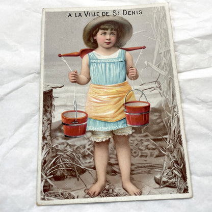 1900s - Vintage French Chromo Postcard - Child With Water Buckets - Barefoot Girl Scene - St Denis City Collectible Art - Antique