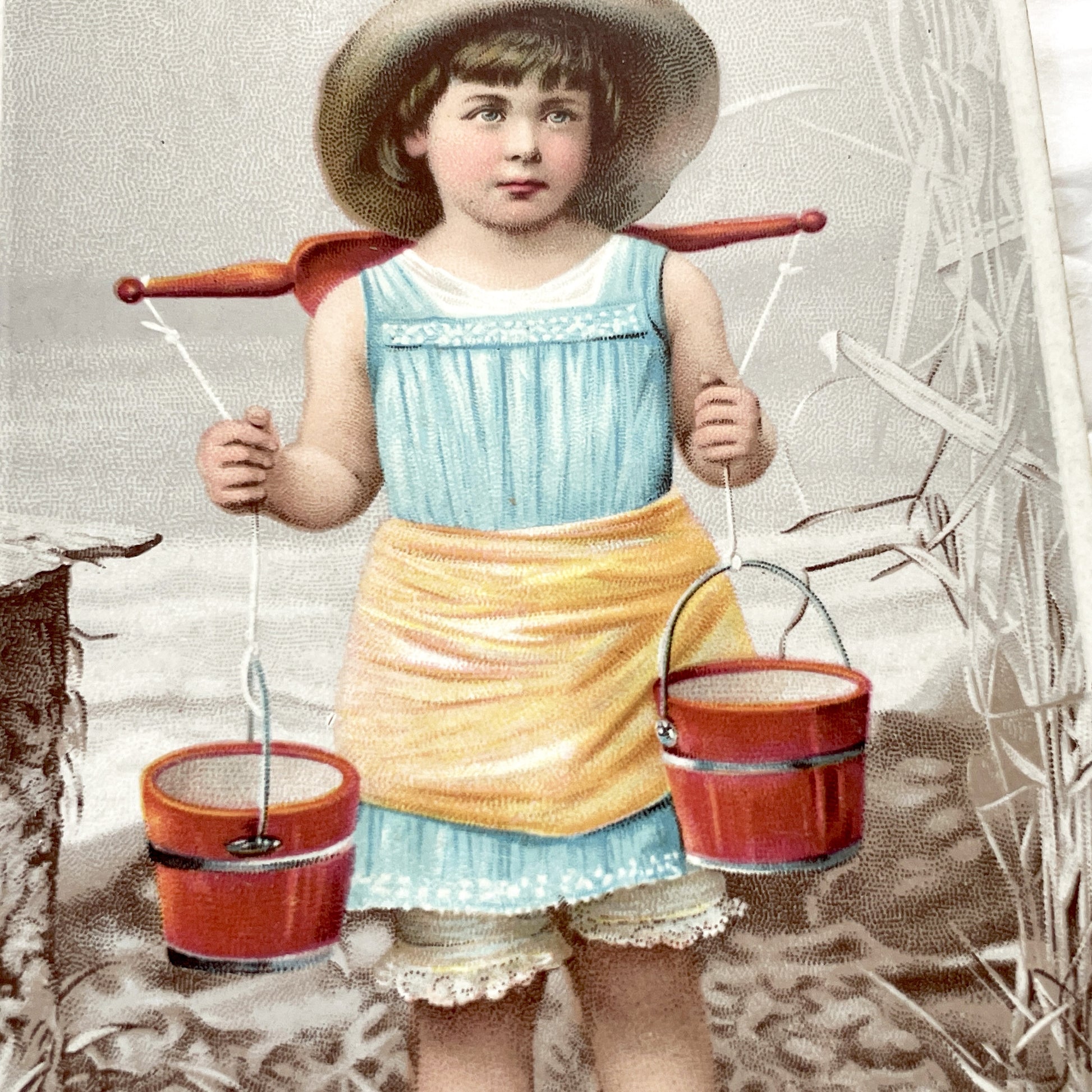 1900s - Vintage French Chromo Postcard - Child With Water Buckets - Barefoot Girl Scene - St Denis City Collectible Art - Antique