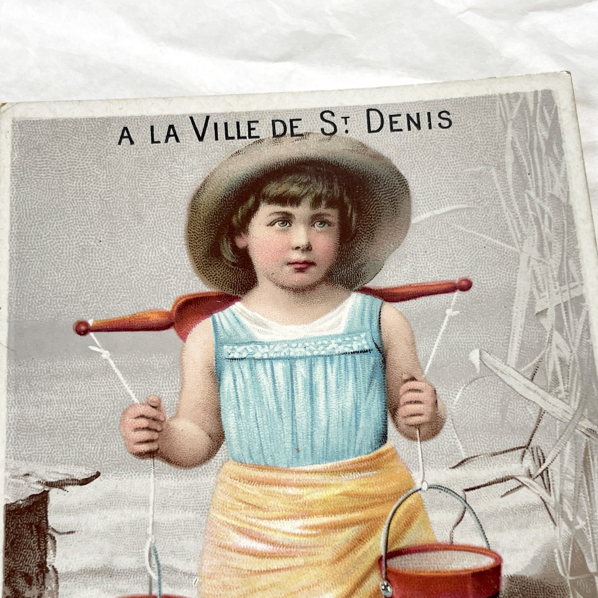 1900s - Vintage French Chromo Postcard - Child With Water Buckets - Barefoot Girl Scene - St Denis City Collectible Art - Antique