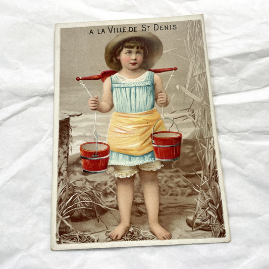 Late 19th Century - French Chromolithograph Postcard - Girl With Buckets - St Denis Souvenir - Vintage Collectible Art - Antique Card