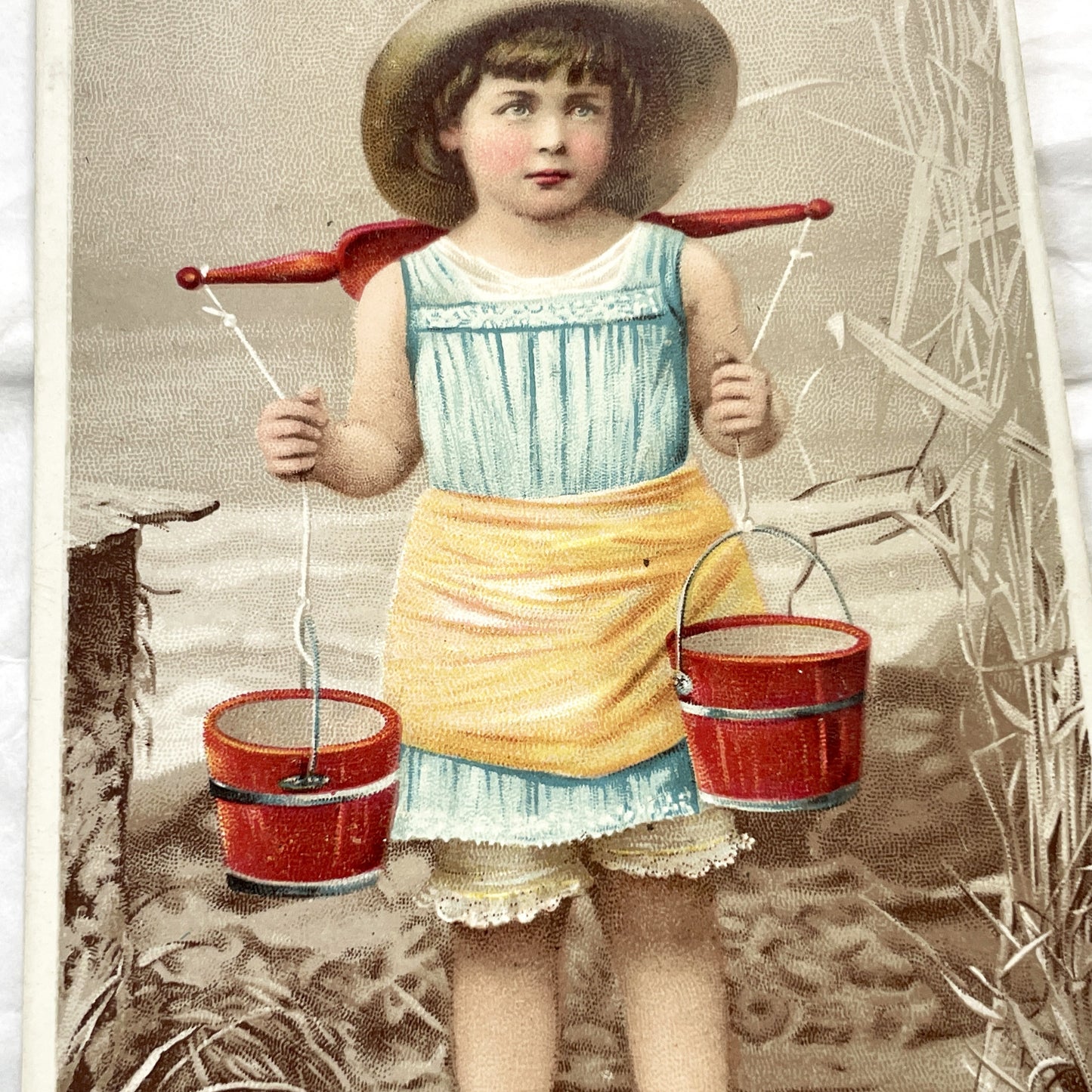 Late 19th Century - French Chromolithograph Postcard - Girl With Buckets - St Denis Souvenir - Vintage Collectible Art - Antique Card