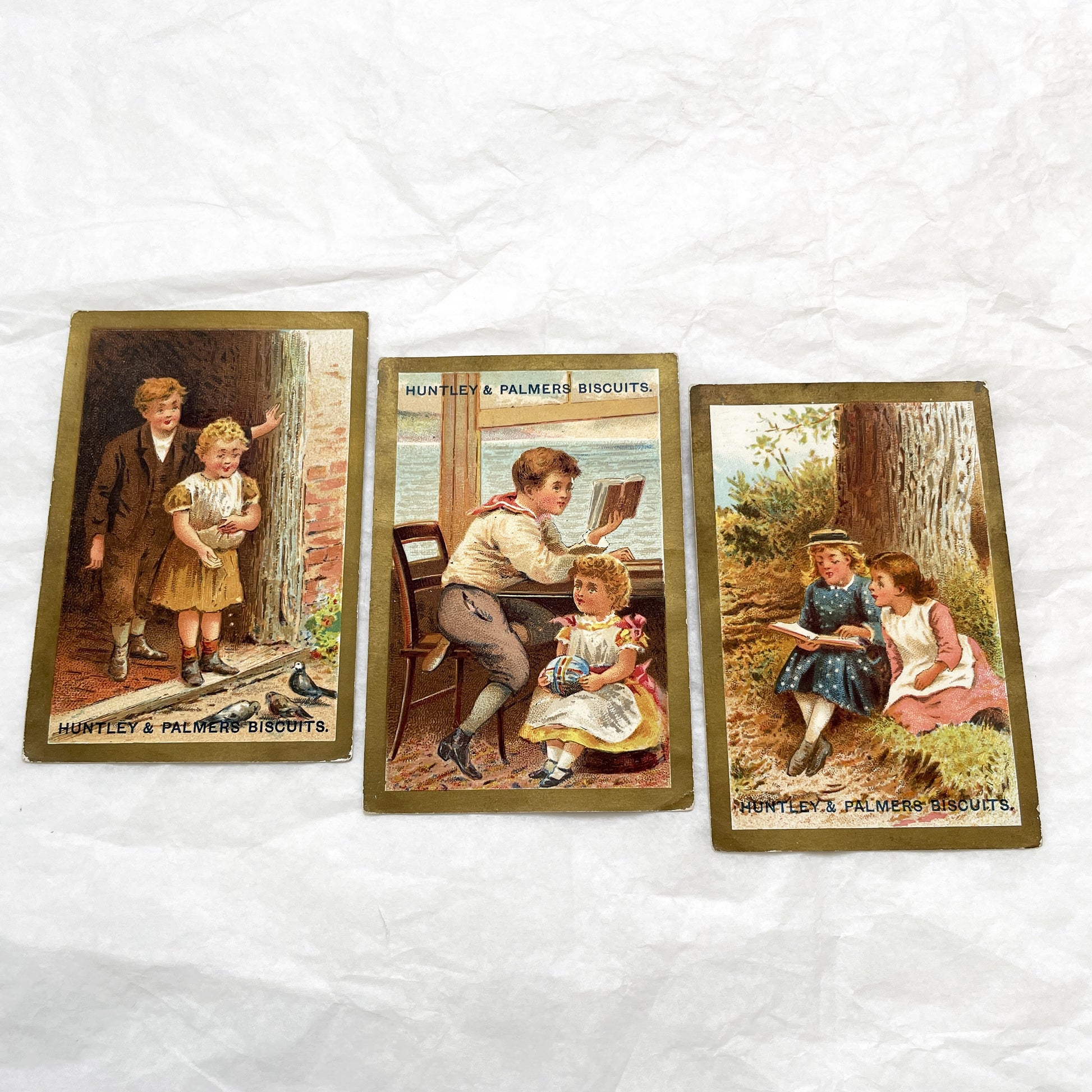 Late 19th - Three Vintage Huntley & Palmers Biscuits Trade Cards - Chromolithograph Children Illustrations - Antique Advertising