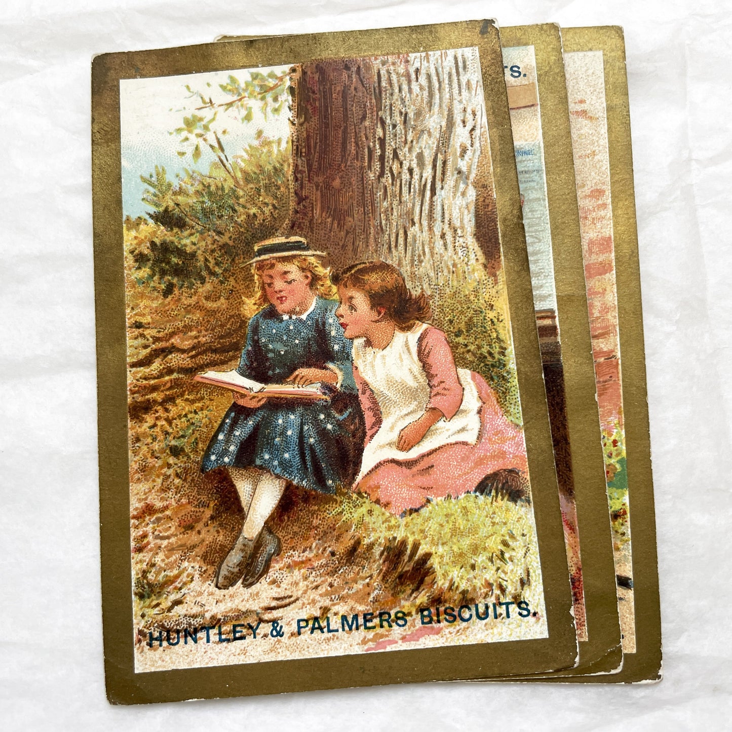 Late 19th - Three Vintage Huntley & Palmers Biscuits Trade Cards - Chromolithograph Children Illustrations - Antique Advertising