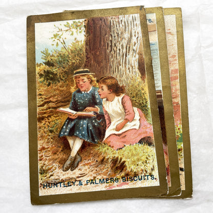 Late 19th - Three Vintage Huntley & Palmers Biscuits Trade Cards - Chromolithograph Children Illustrations - Antique Advertising