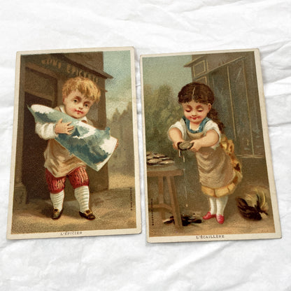 Late 19th - 2 French Chromo Cards - Children Trades - Grocer & Oyster Girl - Antique Collectible Prints - Vintage Advertising Art