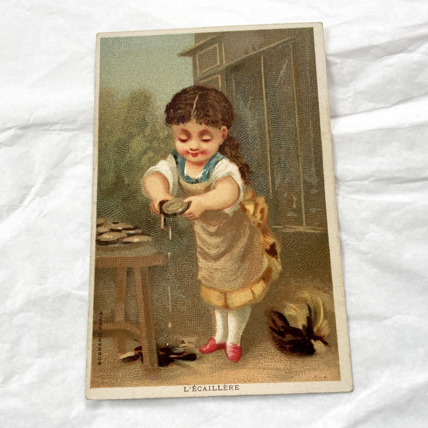 Late 19th - 2 French Chromo Cards - Children Trades - Grocer & Oyster Girl - Antique Collectible Prints - Vintage Advertising Art