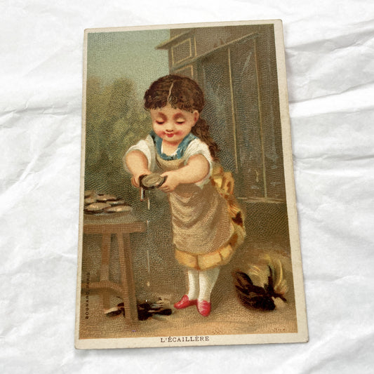 Late 19th - 2 French Chromo Cards - Children Trades - Grocer & Oyster Girl - Antique Collectible Prints - Vintage Advertising Art