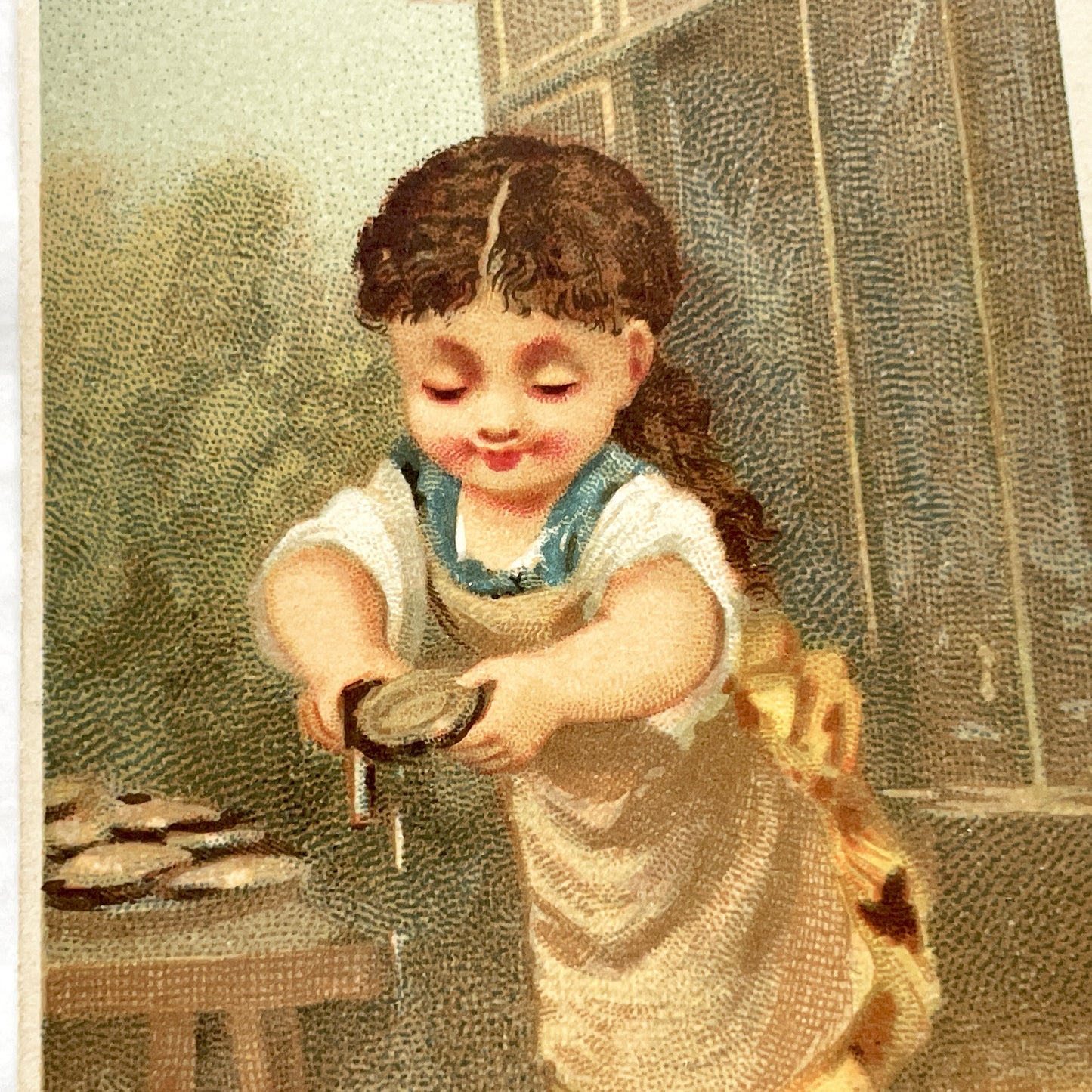 Late 19th - 2 French Chromo Cards - Children Trades - Grocer & Oyster Girl - Antique Collectible Prints - Vintage Advertising Art