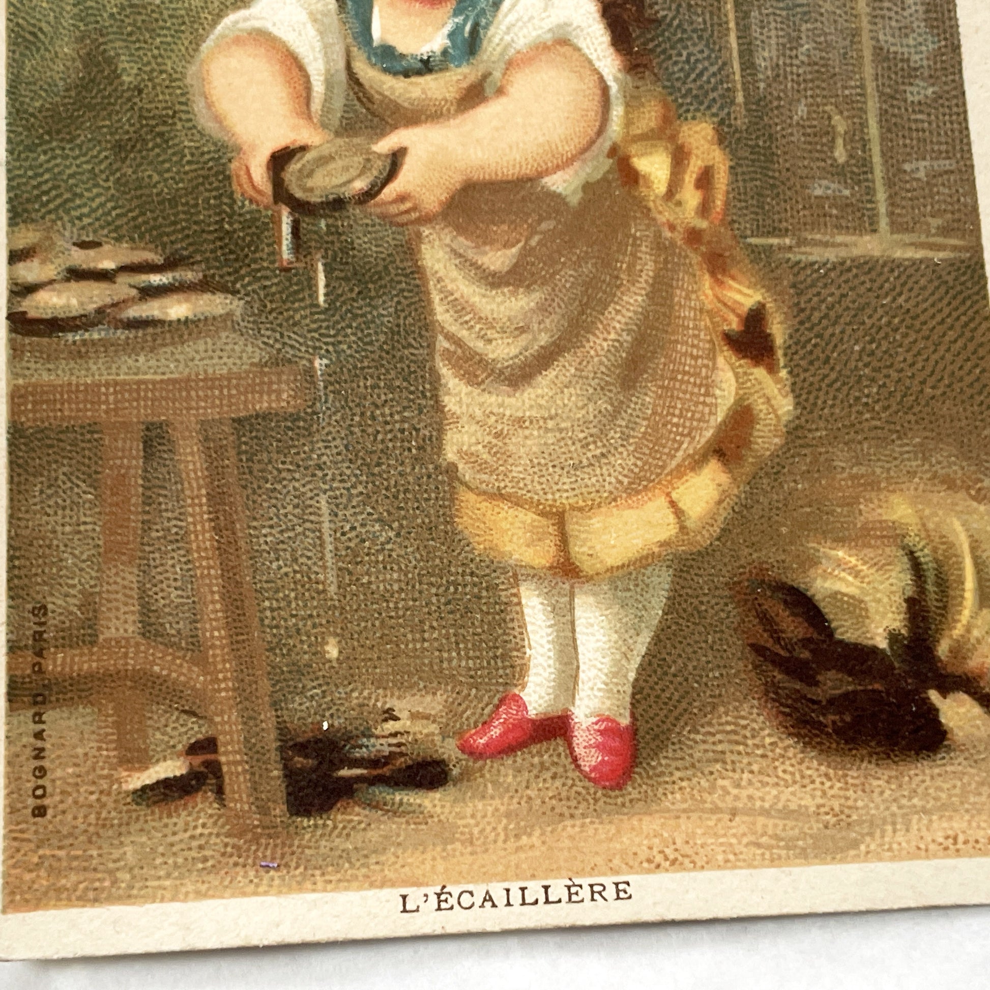Late 19th - 2 French Chromo Cards - Children Trades - Grocer & Oyster Girl - Antique Collectible Prints - Vintage Advertising Art