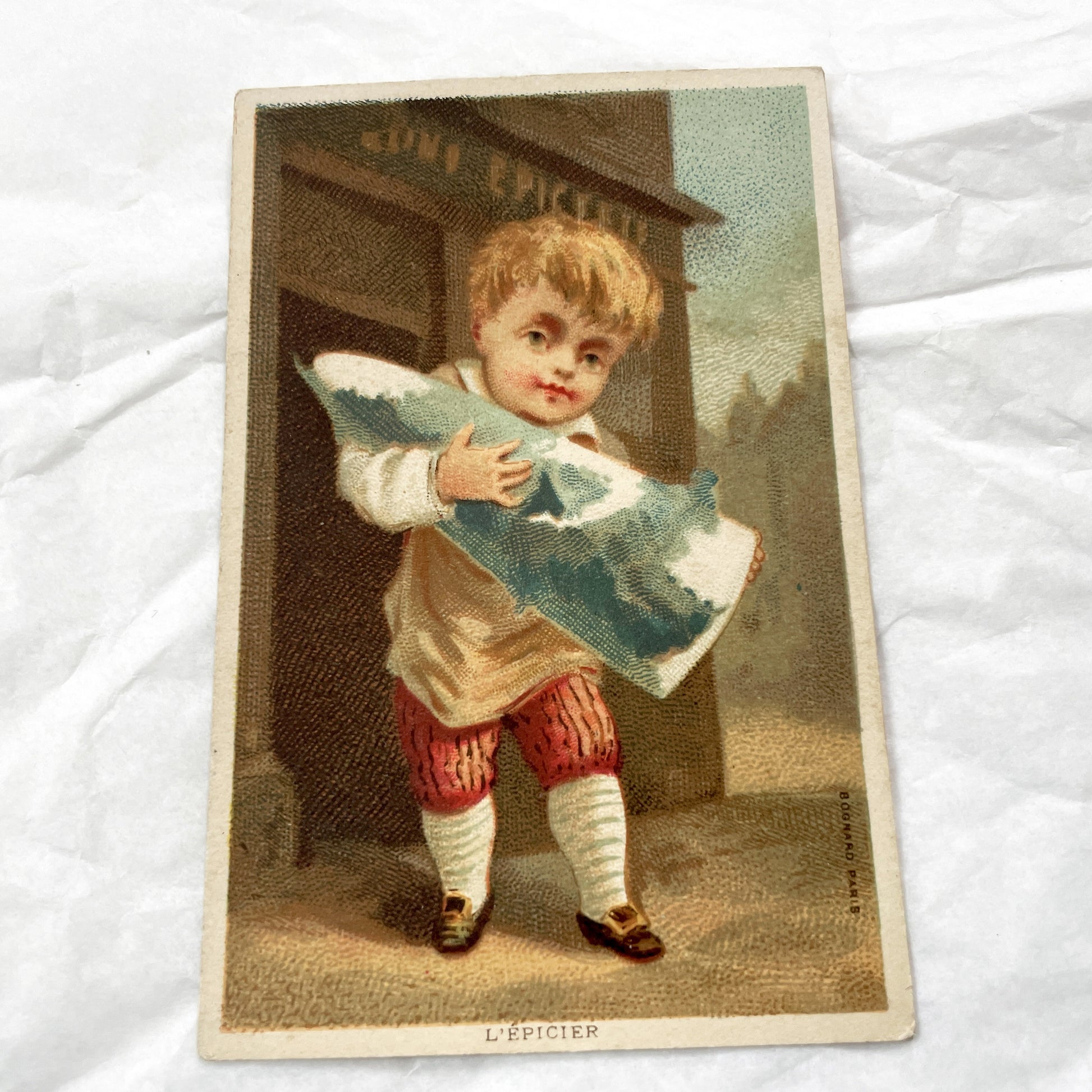 Late 19th - 2 French Chromo Cards - Children Trades - Grocer & Oyster Girl - Antique Collectible Prints - Vintage Advertising Art