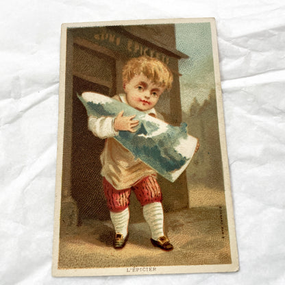 Late 19th - 2 French Chromo Cards - Children Trades - Grocer & Oyster Girl - Antique Collectible Prints - Vintage Advertising Art