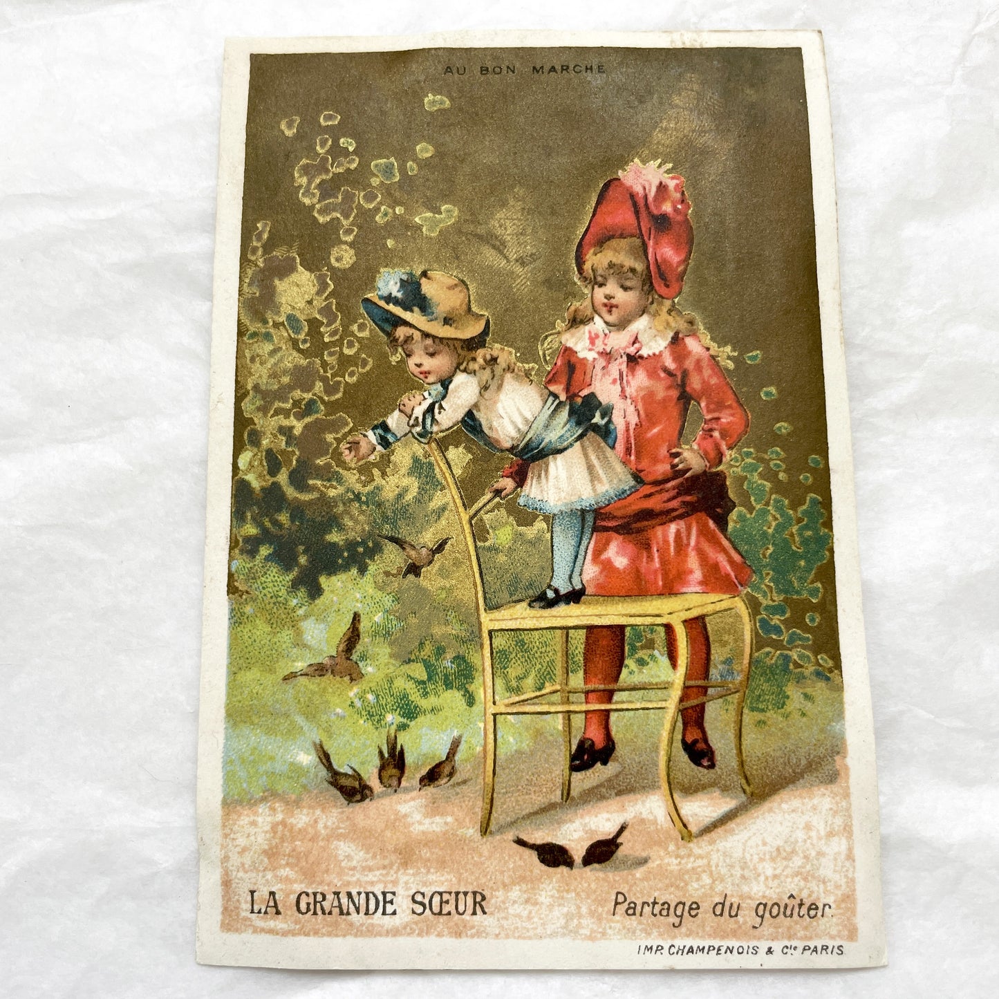 Late 19th - Vintage French Chromo Advertising Card - Au Bon Marché - Little Girls Feeding Birds - Paris Department Store Ephemera