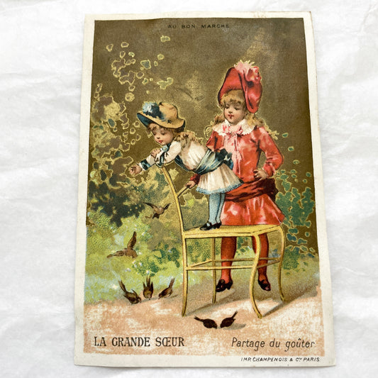 Late 19th - Vintage French Chromo Advertising Card - Au Bon Marché - Little Girls Feeding Birds - Paris Department Store Ephemera