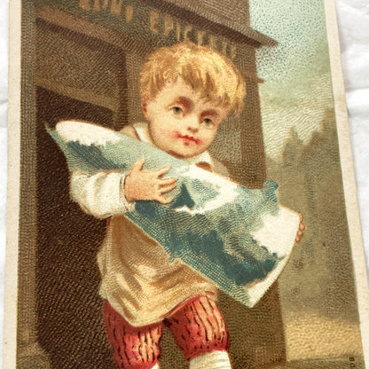 Late 19th - 2 French Chromo Cards - Children Trades - Grocer & Oyster Girl - Antique Collectible Prints - Vintage Advertising Art