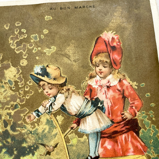 Late 19th - Vintage French Chromo Advertising Card - Au Bon Marché - Little Girls Feeding Birds - Paris Department Store Ephemera