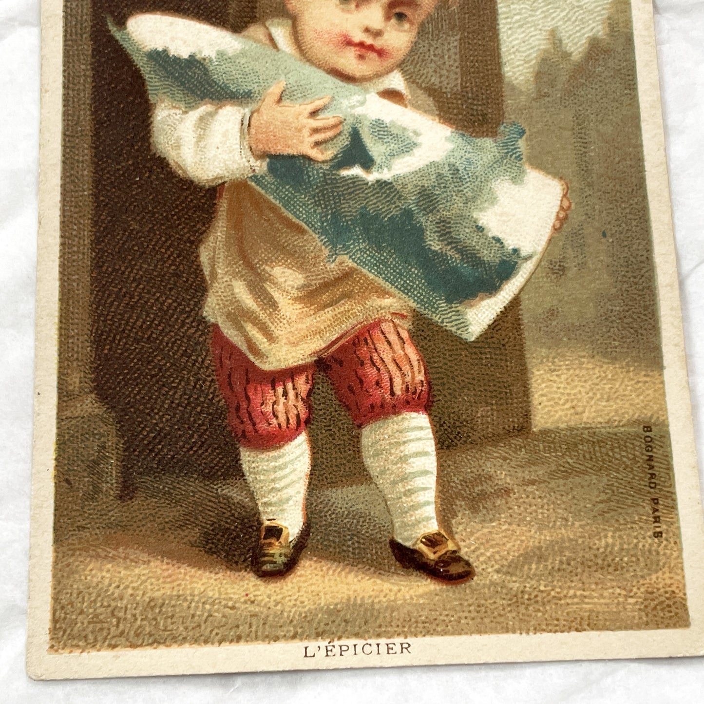 Late 19th - 2 French Chromo Cards - Children Trades - Grocer & Oyster Girl - Antique Collectible Prints - Vintage Advertising Art