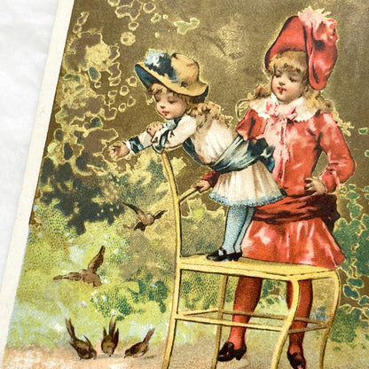 Late 19th - Vintage French Chromo Advertising Card - Au Bon Marché - Little Girls Feeding Birds - Paris Department Store Ephemera