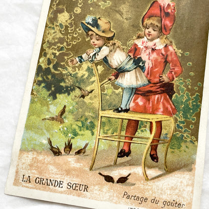 Late 19th - Vintage French Chromo Advertising Card - Au Bon Marché - Little Girls Feeding Birds - Paris Department Store Ephemera