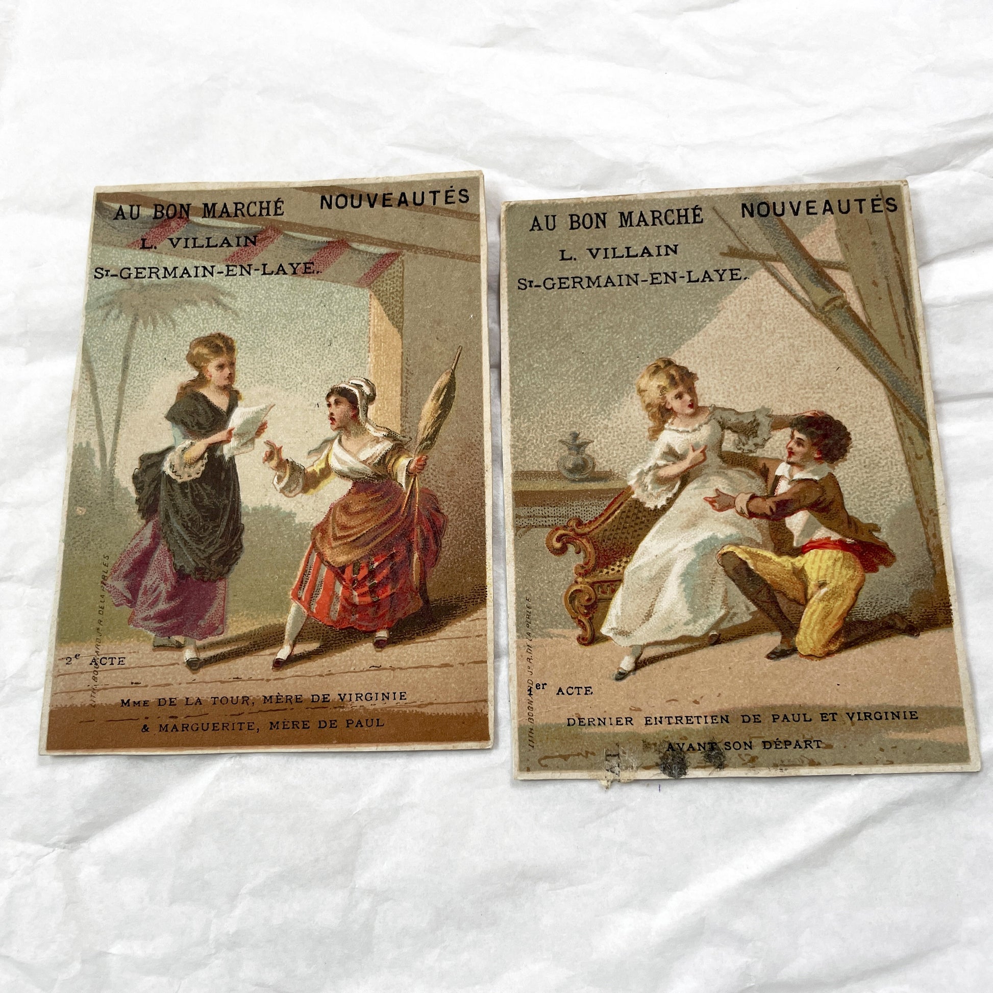 Late 19th Century  - Two French Chromos - Paul et Virginie Trade Cards - Au Bon Marché St-Germain-En-Laye Advertising Ephemera Collectible