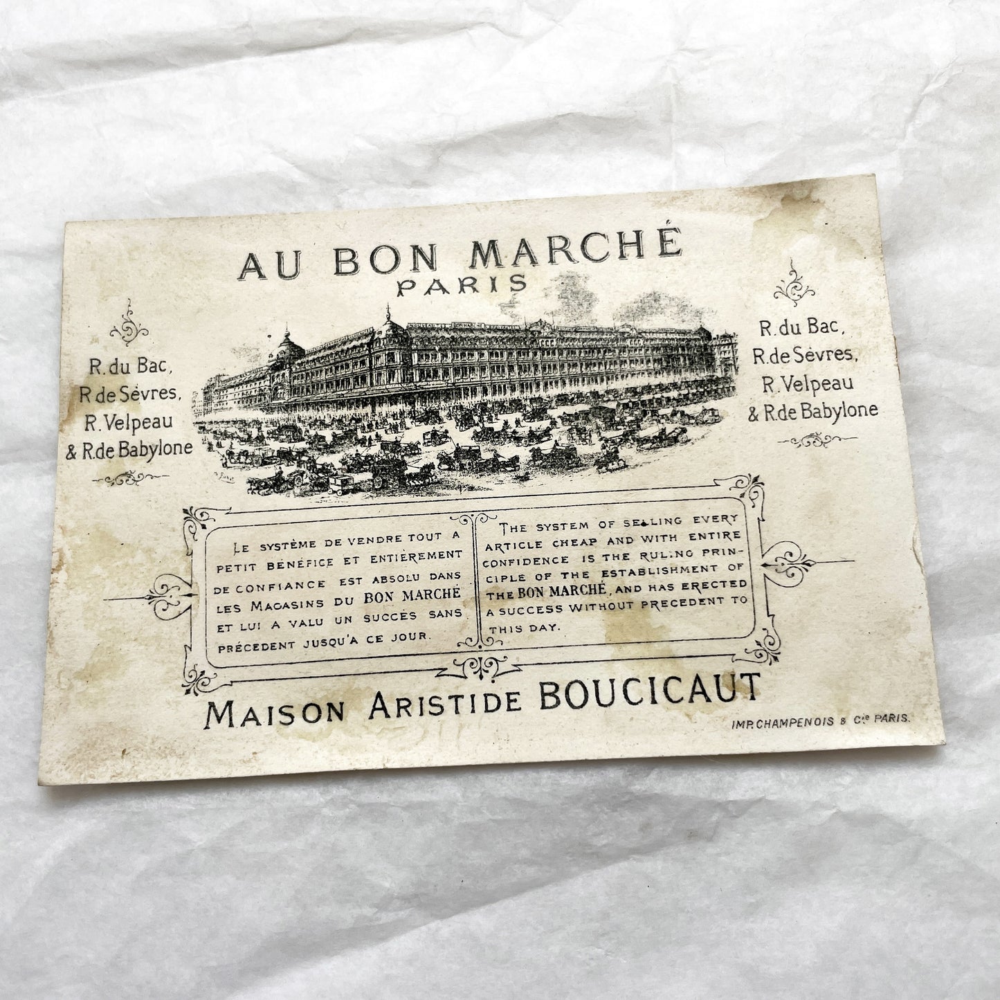 Late 19th - Vintage French Chromo Advertising Card - Au Bon Marché - Little Girls Feeding Birds - Paris Department Store Ephemera