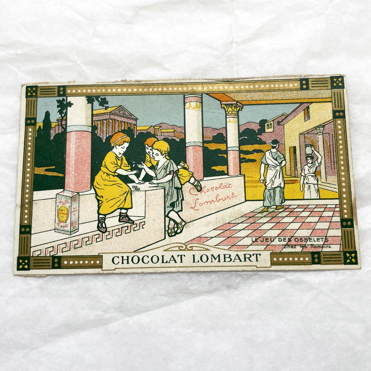 1900s - Vintage Chocolat Lombart Advertising Card - Ancient Roman Game Of Knucklebones - Antique French Chromo Card - Historical Scene