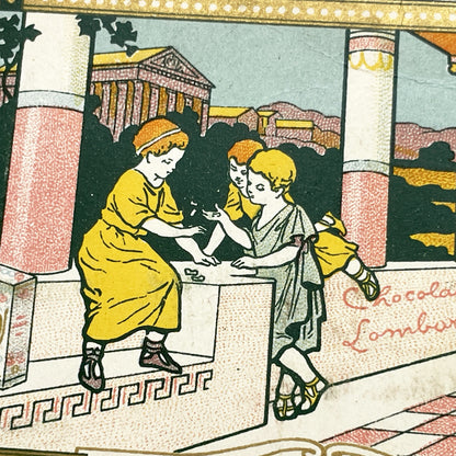 1900s - Vintage Chocolat Lombart Advertising Card - Ancient Roman Game Of Knucklebones - Antique French Chromo Card - Historical Scene