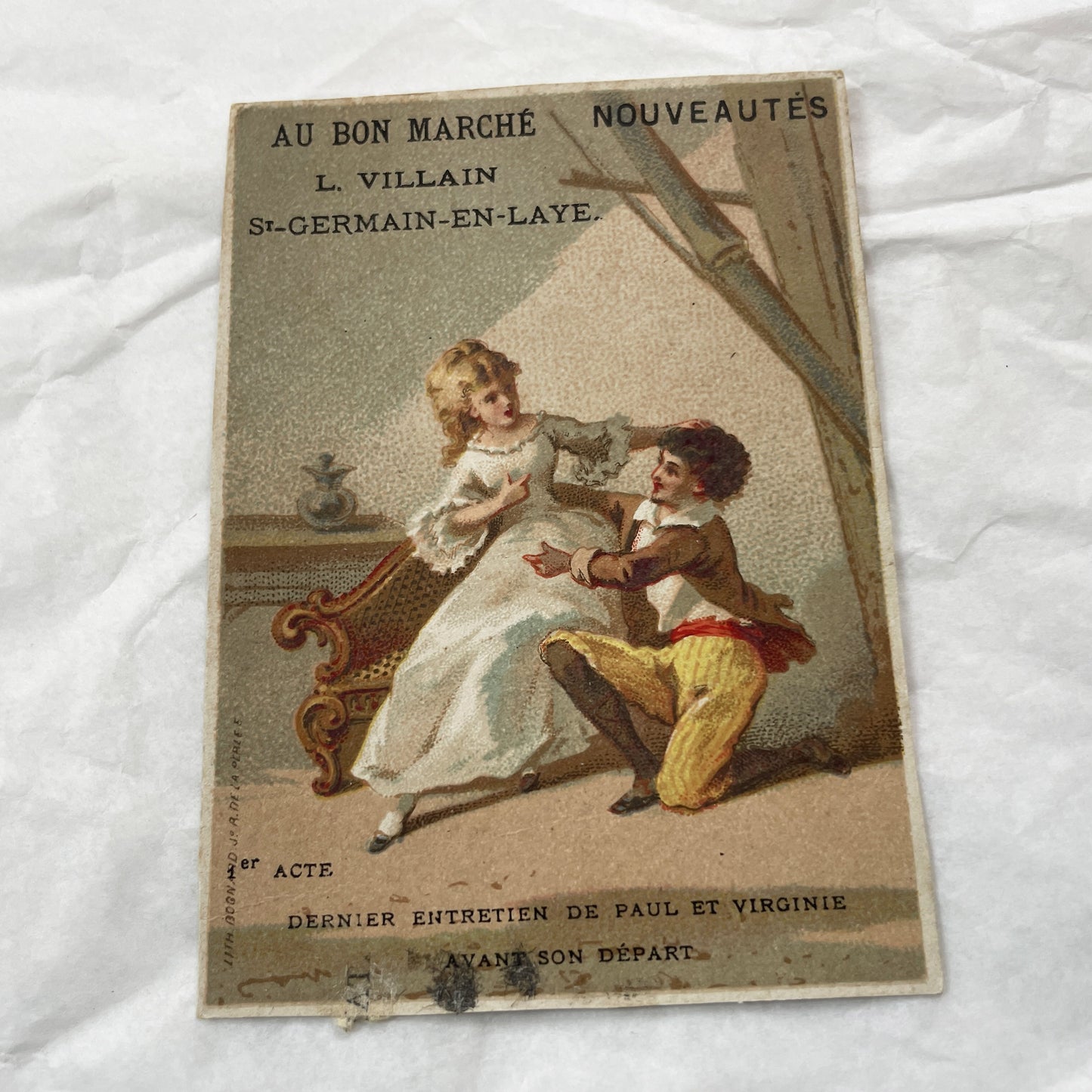 Late 19th Century  - Two French Chromos - Paul et Virginie Trade Cards - Au Bon Marché St-Germain-En-Laye Advertising Ephemera Collectible