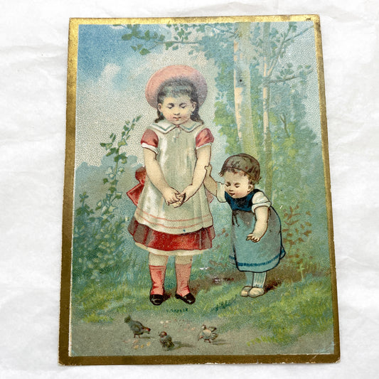 Late 19th Century - Antique Chromolithograph Print - Victorian Children Feeding Birds in Garden - Gold Border - Sentimental Wall Art Decor