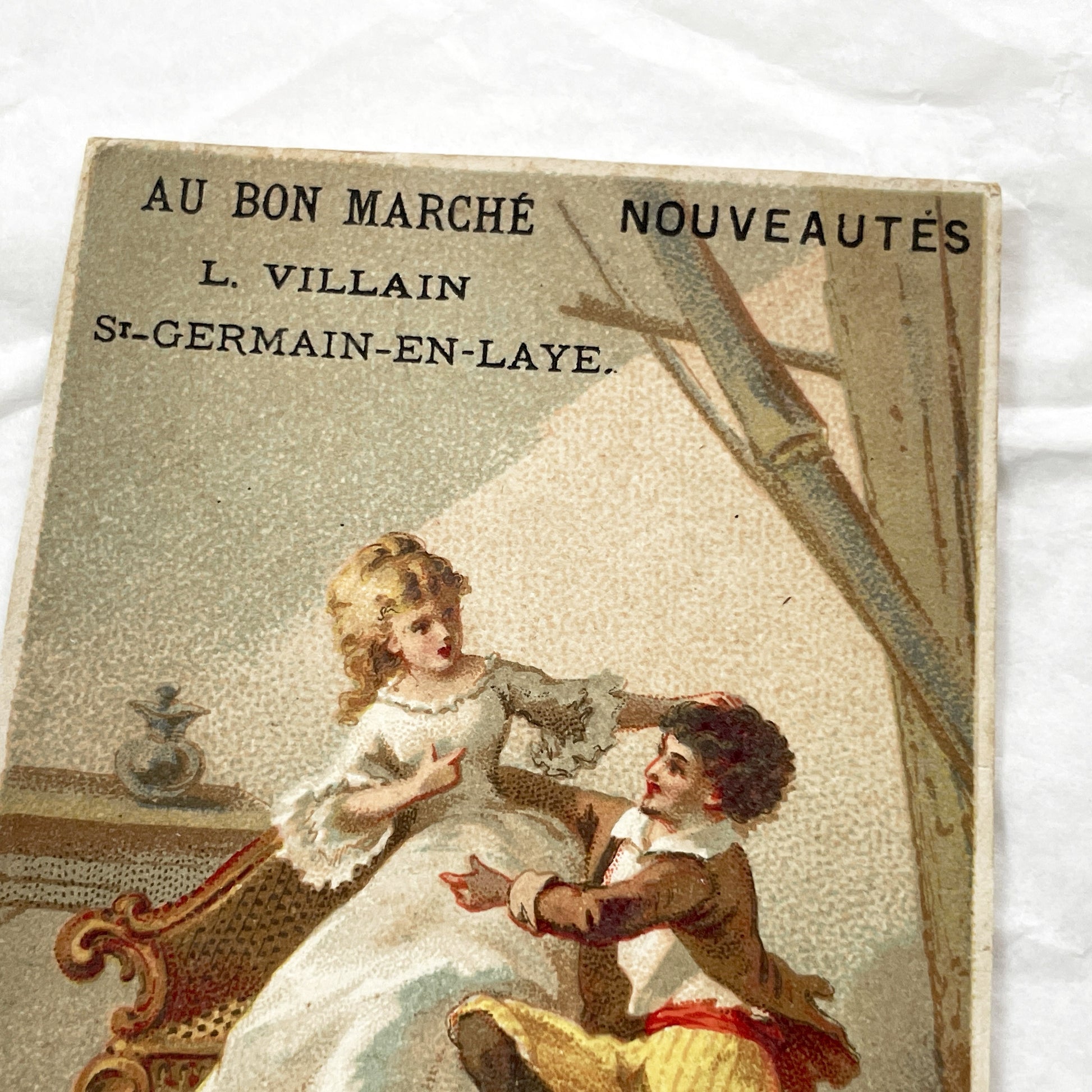 Late 19th Century  - Two French Chromos - Paul et Virginie Trade Cards - Au Bon Marché St-Germain-En-Laye Advertising Ephemera Collectible