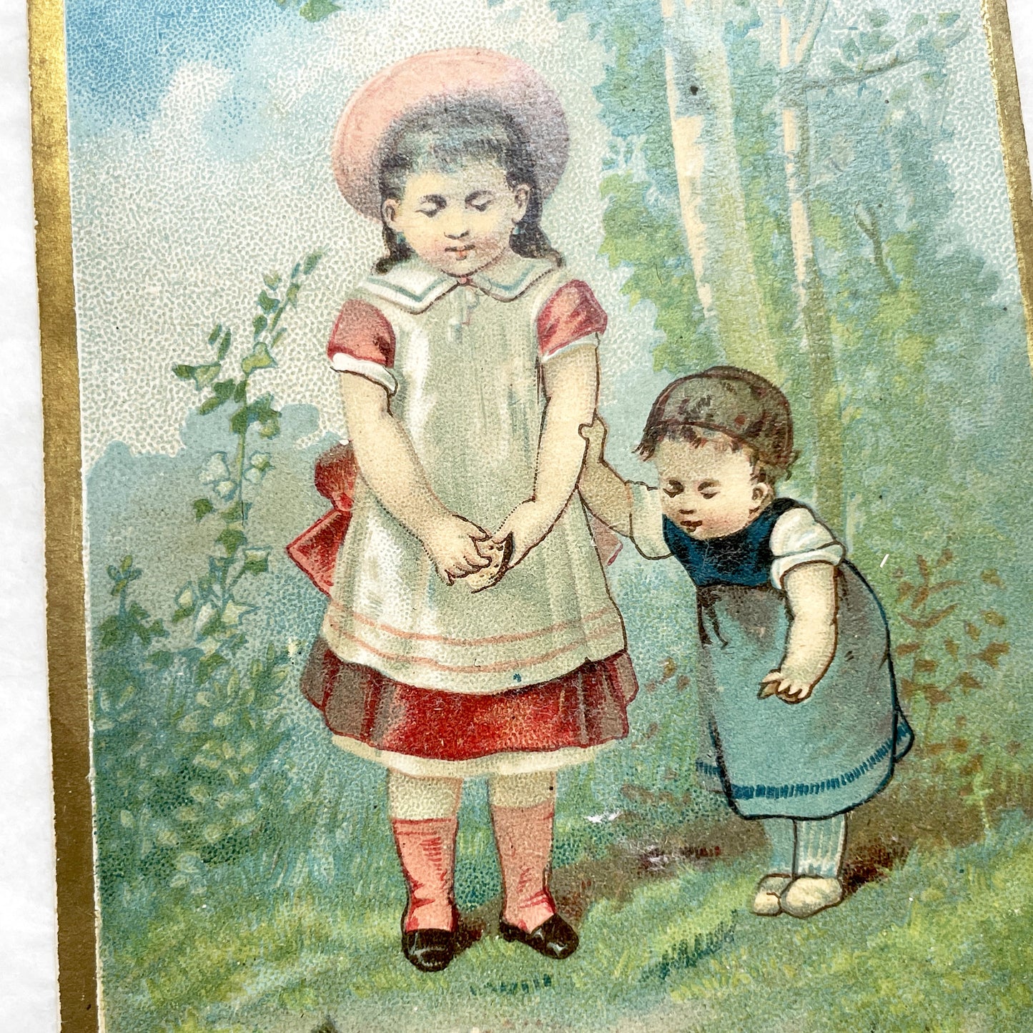 Late 19th Century - Antique Chromolithograph Print - Victorian Children Feeding Birds in Garden - Gold Border - Sentimental Wall Art Decor