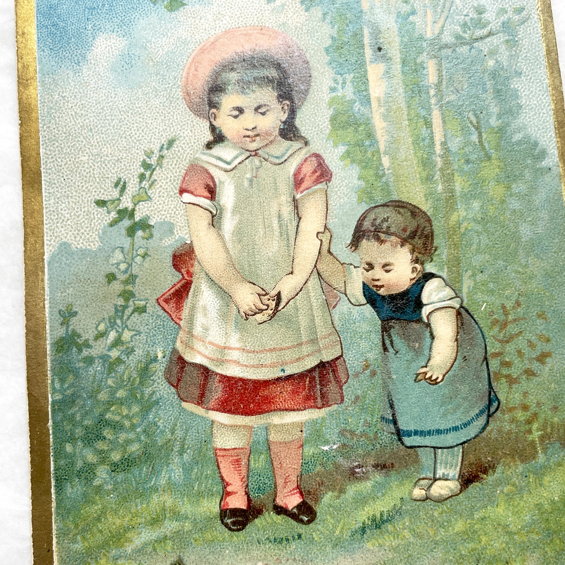 Late 19th Century - Antique Chromolithograph Print - Victorian Children Feeding Birds in Garden - Gold Border - Sentimental Wall Art Decor