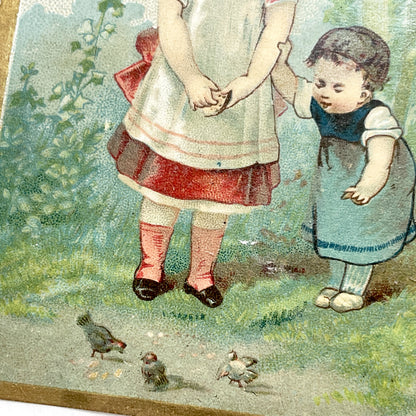 Late 19th Century - Antique Chromolithograph Print - Victorian Children Feeding Birds in Garden - Gold Border - Sentimental Wall Art Decor