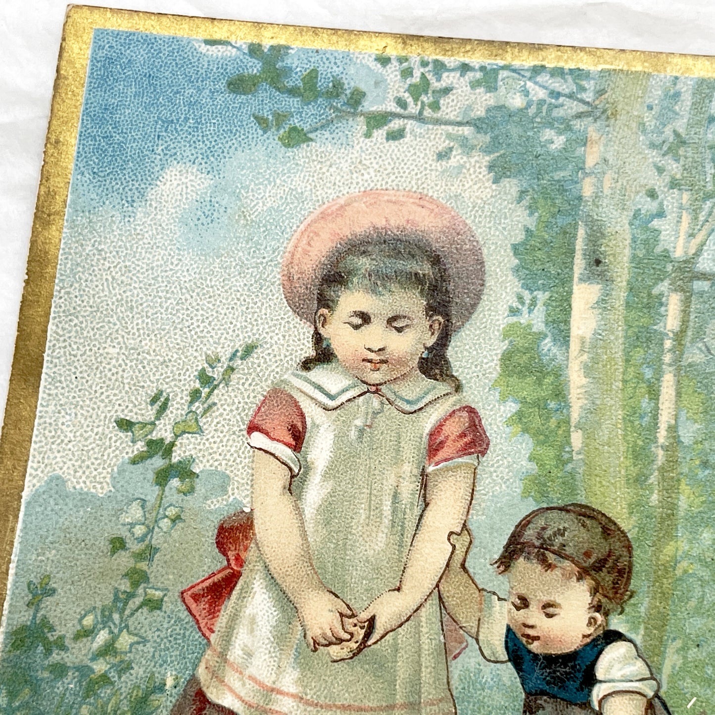 Late 19th Century - Antique Chromolithograph Print - Victorian Children Feeding Birds in Garden - Gold Border - Sentimental Wall Art Decor