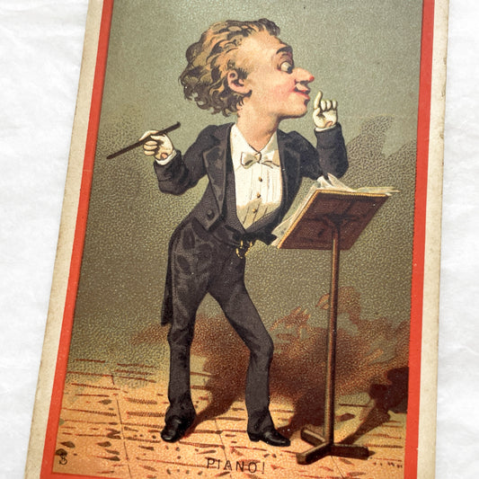 Late 19th Century - Parisian Advertising Chromo Card - Maison De La Belle Jardiniere - Music Conductor Caricature - Trade Card - Piano!