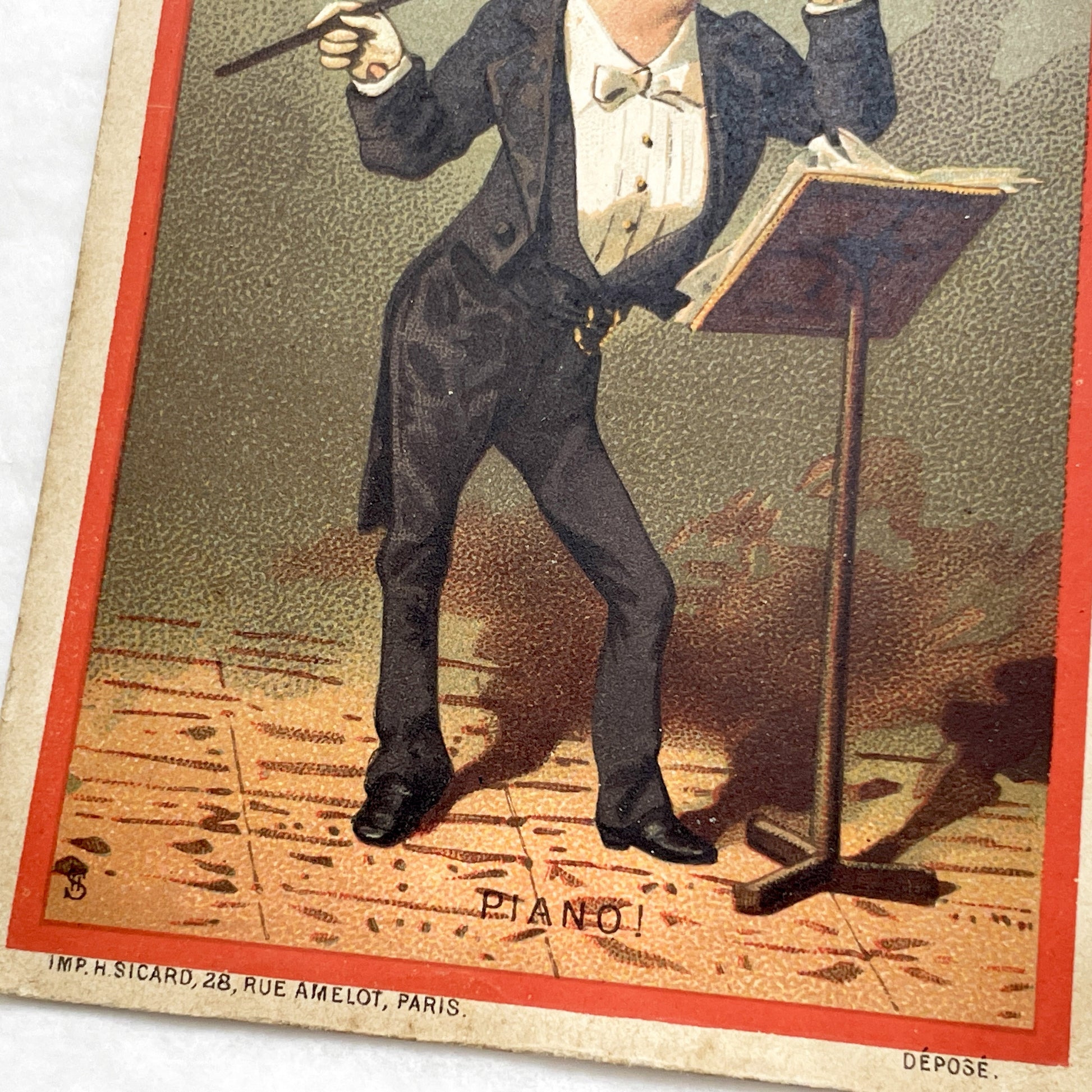 Late 19th Century - Parisian Advertising Chromo Card - Maison De La Belle Jardiniere - Music Conductor Caricature - Trade Card - Piano!