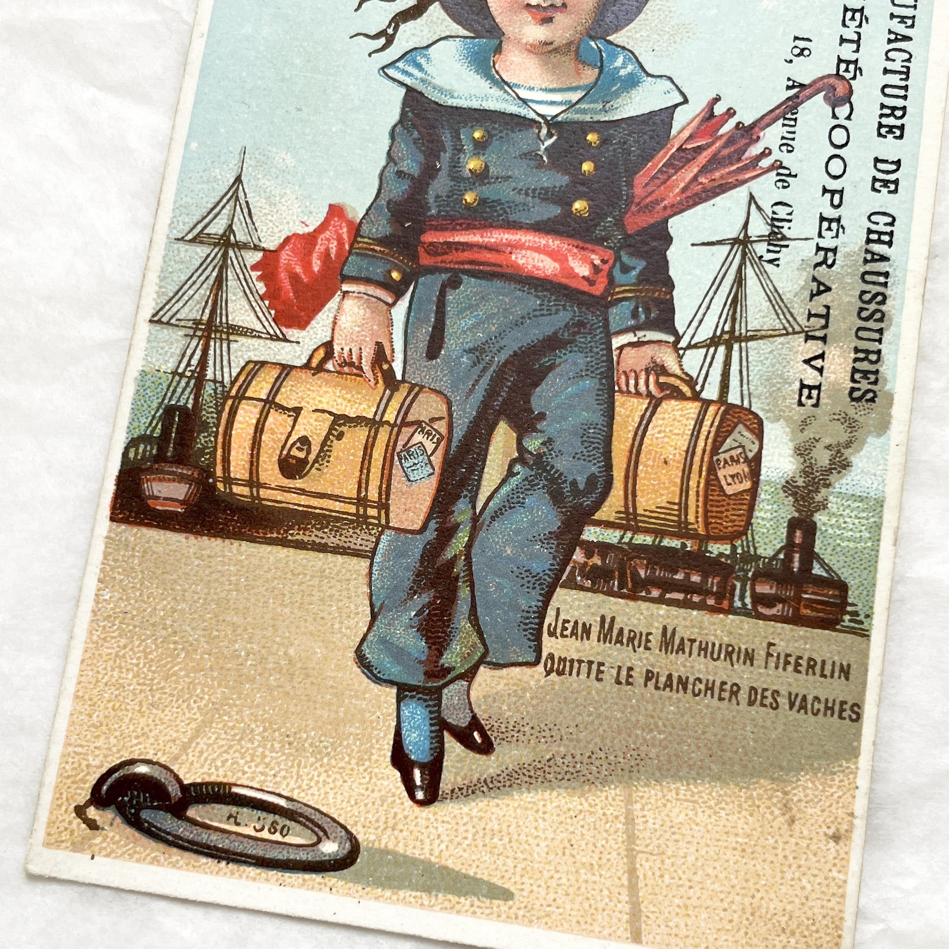 Late 19th - French Advertising Chromo - Sailor Boy Leaving Farm Life for Paris Lyon - Vintage Shoe Manufacture Card - Collectible