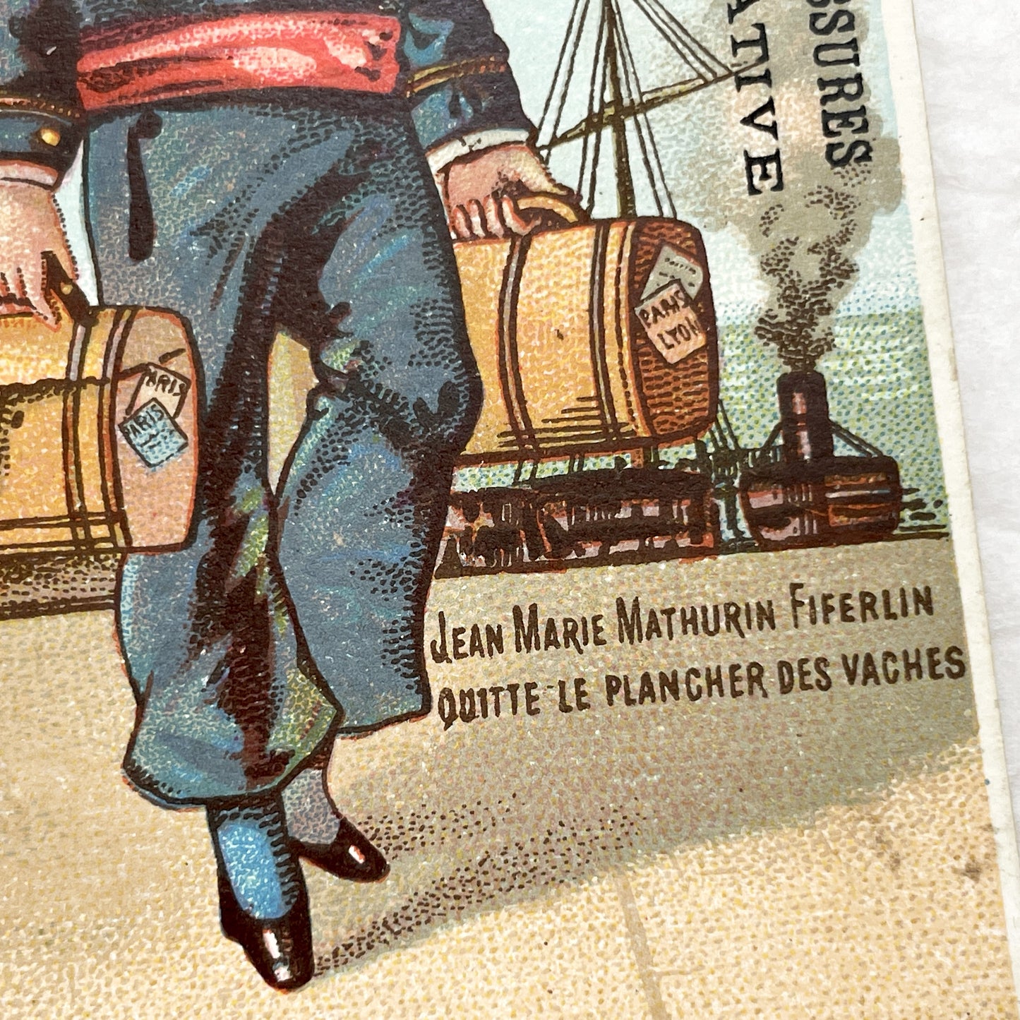 Late 19th - French Advertising Chromo - Sailor Boy Leaving Farm Life for Paris Lyon - Vintage Shoe Manufacture Card - Collectible