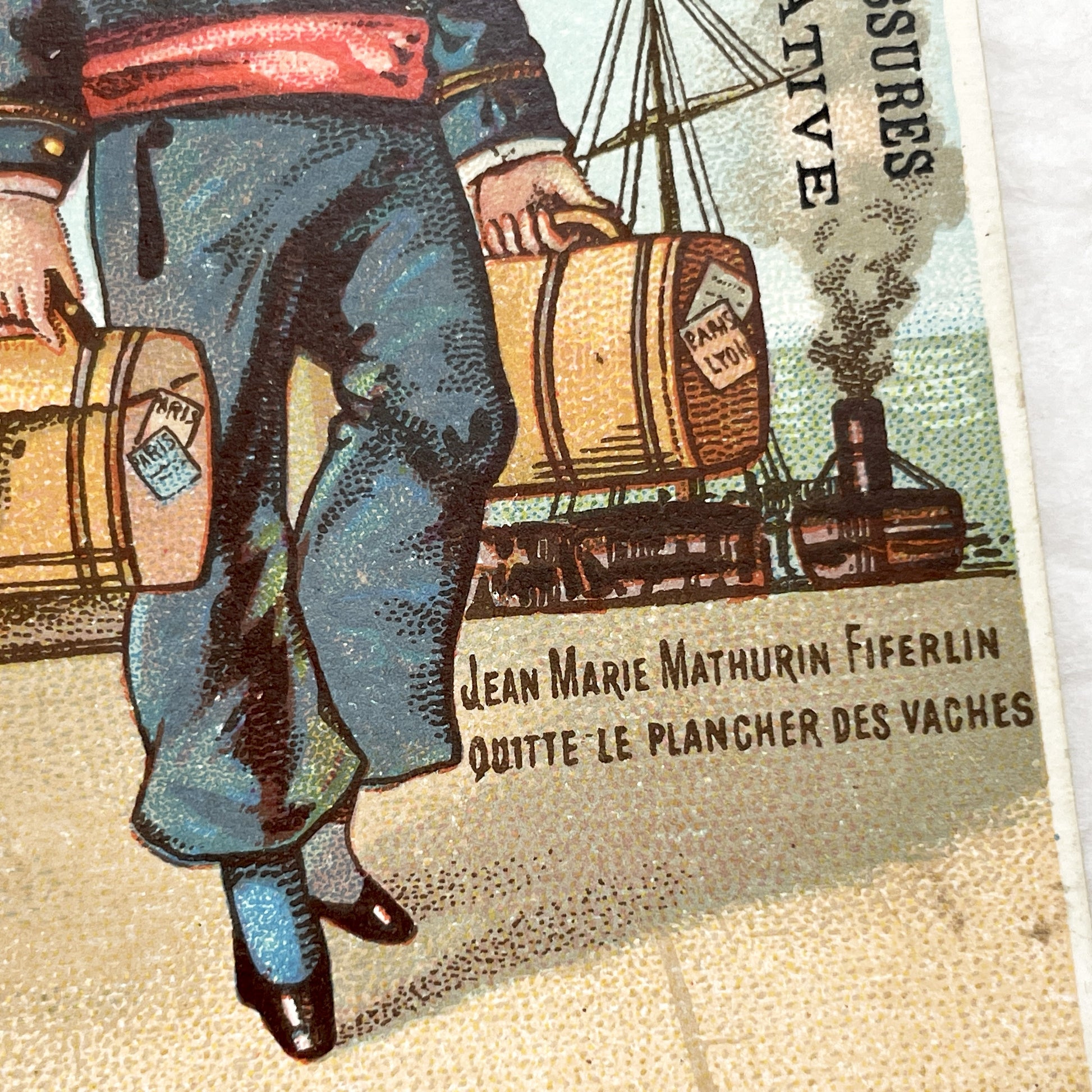 Late 19th - French Advertising Chromo - Sailor Boy Leaving Farm Life for Paris Lyon - Vintage Shoe Manufacture Card - Collectible