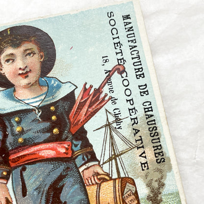 Late 19th - French Advertising Chromo - Sailor Boy Leaving Farm Life for Paris Lyon - Vintage Shoe Manufacture Card - Collectible