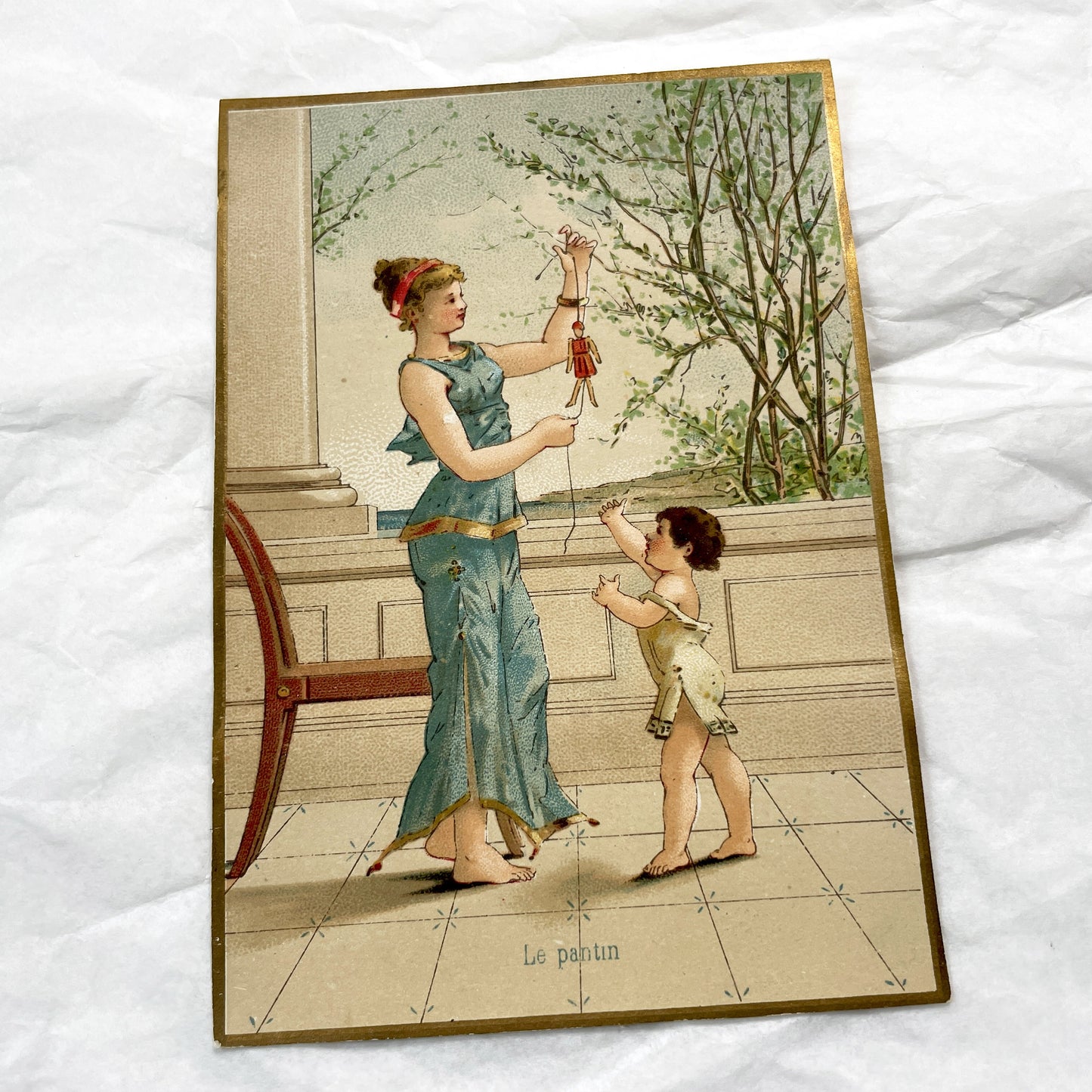 Late 19th Century - Elegant Chromolithograph - Victorian Classical Art Print - Woman And Child With Puppet - French Decorative Illustration