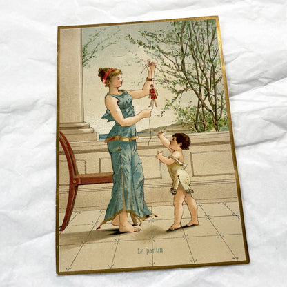 Late 19th Century - Elegant Chromolithograph - Victorian Classical Art Print - Woman And Child With Puppet - French Decorative Illustration