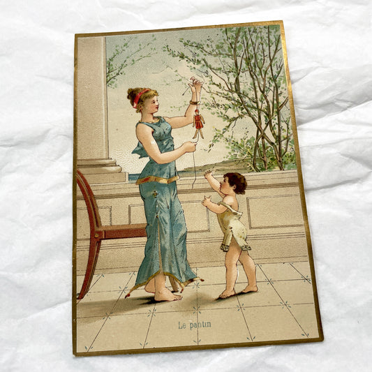 Late 19th Century - Elegant Chromolithograph - Victorian Classical Art Print - Woman And Child With Puppet - French Decorative Illustration
