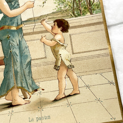 Late 19th Century - Elegant Chromolithograph - Victorian Classical Art Print - Woman And Child With Puppet - French Decorative Illustration