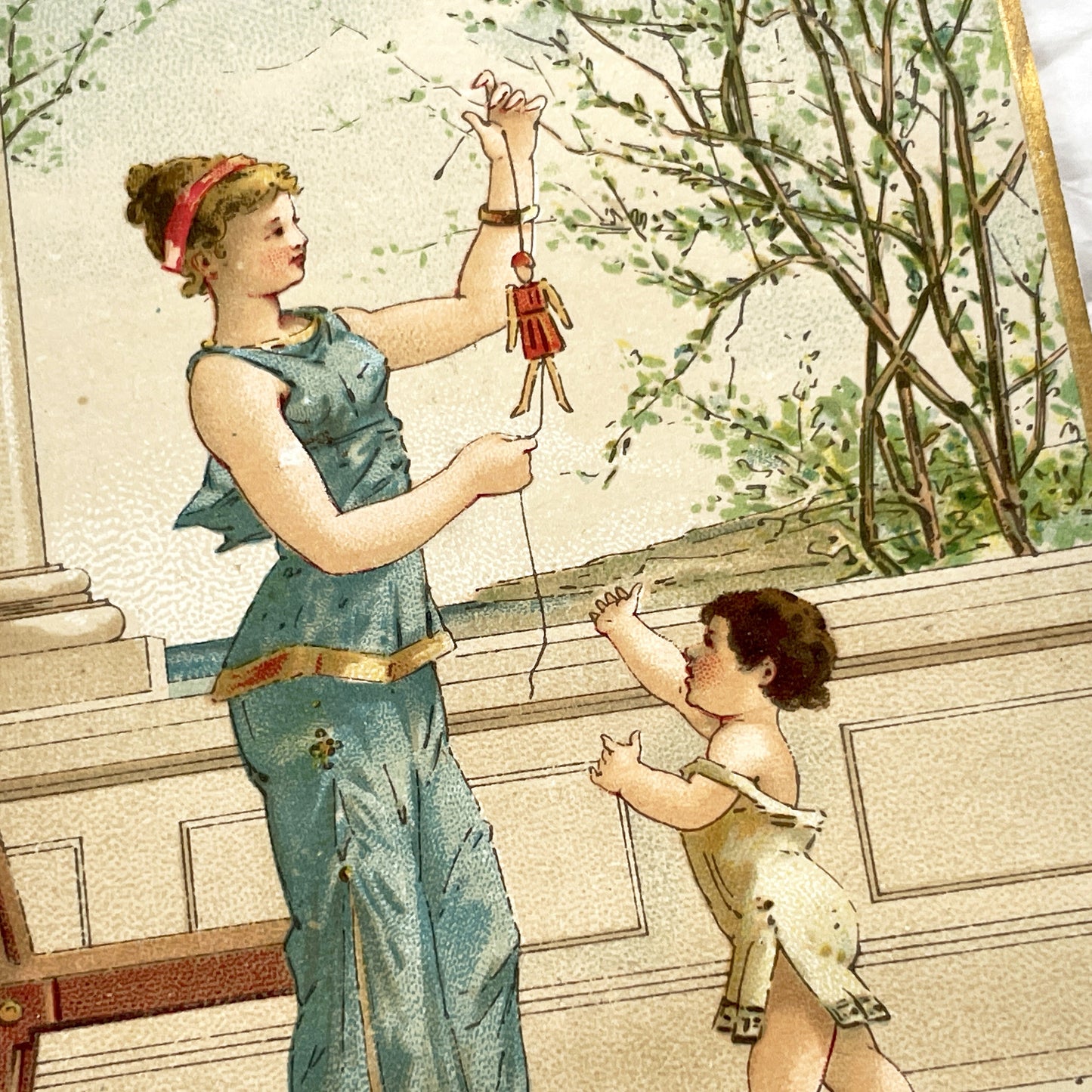 Late 19th Century - Elegant Chromolithograph - Victorian Classical Art Print - Woman And Child With Puppet - French Decorative Illustration