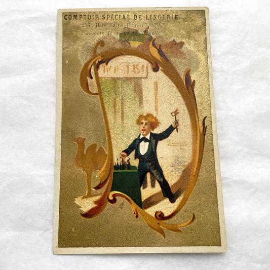 Late 19th - Parisian Lingerie Shop Trade Card - Comptoir Spécial De Lingerie Advertisement - Gold Chromolithography - Boy Illustration