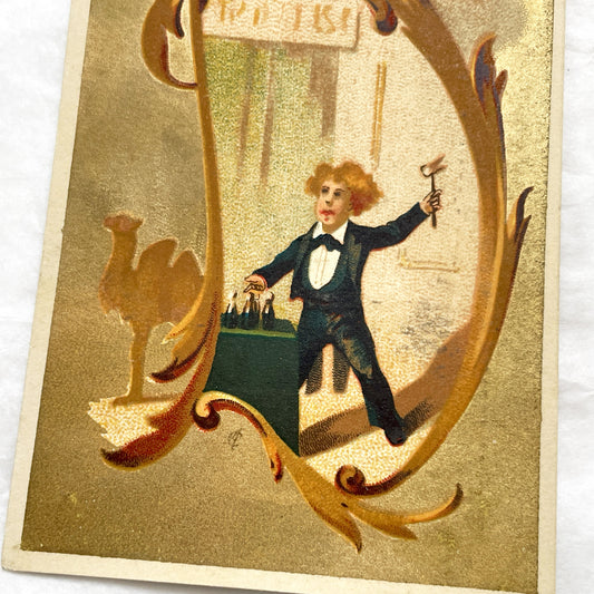 Late 19th - Parisian Lingerie Shop Trade Card - Comptoir Spécial De Lingerie Advertisement - Gold Chromolithography - Boy Illustration