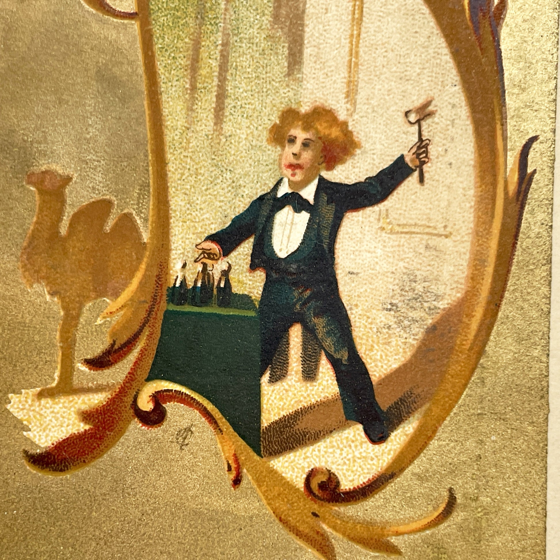 Late 19th - Parisian Lingerie Shop Trade Card - Comptoir Spécial De Lingerie Advertisement - Gold Chromolithography - Boy Illustration