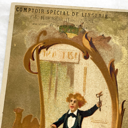 Late 19th - Parisian Lingerie Shop Trade Card - Comptoir Spécial De Lingerie Advertisement - Gold Chromolithography - Boy Illustration
